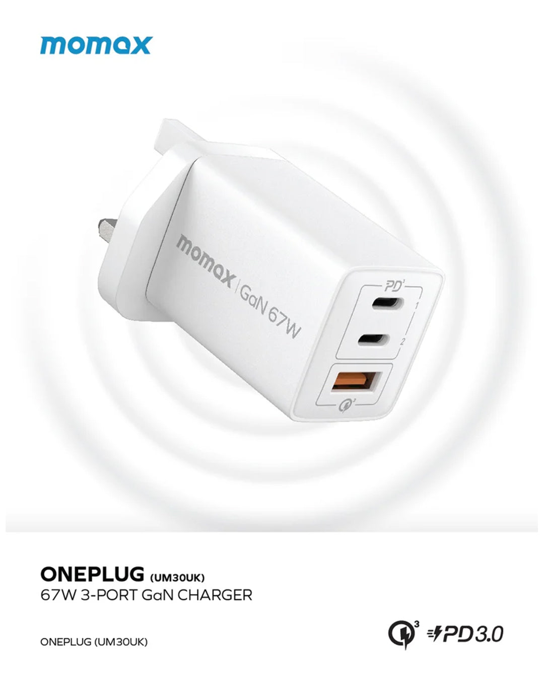 MOMAX ONEPLUG 67W 3 PORT GAN WALL CHARGER MOMAX ONEPLUG 67W 3 PORT GAN WALL CHARGER